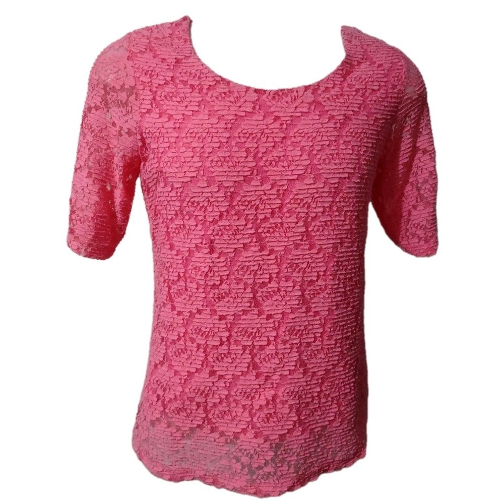 CJ Banks Shirt Women's Size L  Blouse Top Short Sleeve  Pink Floral  Round Neck